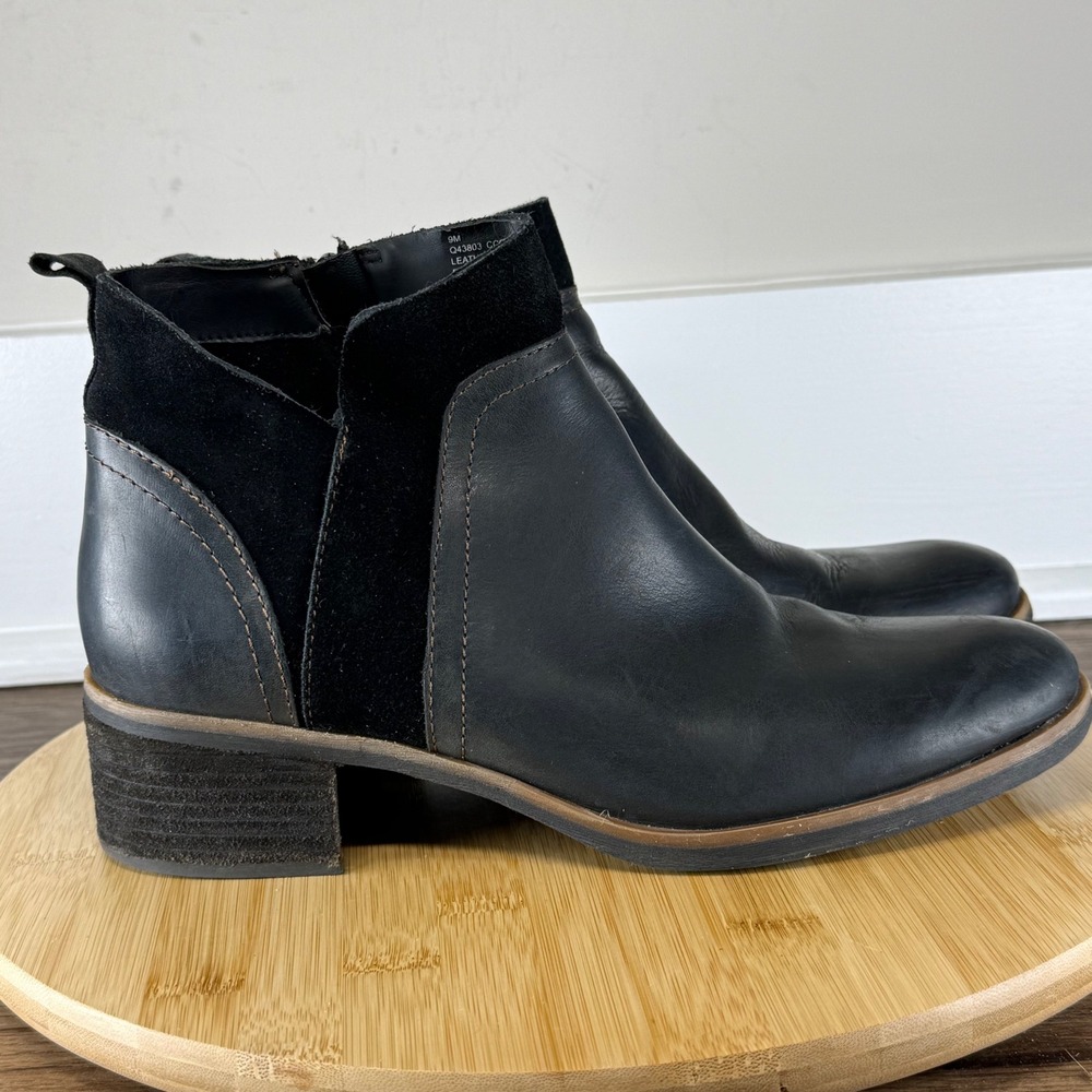 Korks Ankle Boots Womens 9 Black Leather Suede Block Heel Zip Minimalist Classic
